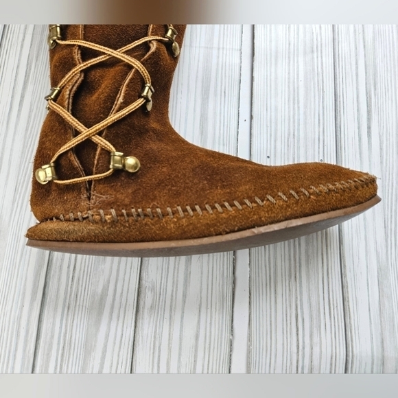 Vintage Suede Lace Up Moccasin Fringe Boots in Umber Brown Women's Size 5 - Picture 6 of 12